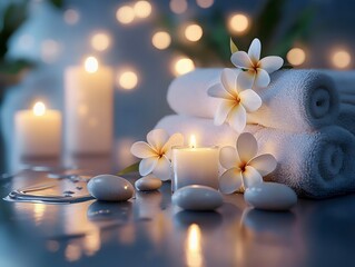 Luxurious spa scene with white towels neatly rolled and smooth stones surrounded by plumeria flowers amidst soft light from candles, creating a serene and soothing environment. Generative AI