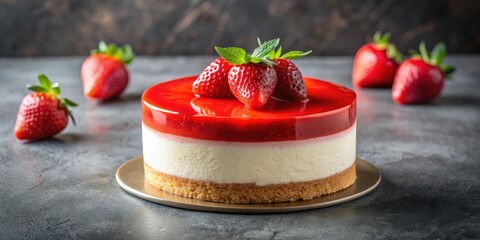Poster - A close-up of a strawberry cheesecake with a glossy red topping, surrounded by fresh strawberries on a gray surface