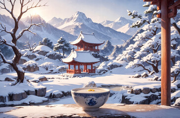 Winter landscape with a Chinese pavilion and a small bowl of Laba congee.