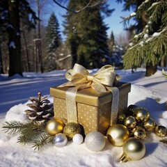 gift in gold packaging in the forest