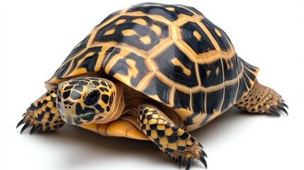 Uncommon pet Burmese star tortoise, its intricately patterned shell isolated against a white background.