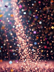 Glittering particles, bokeh lights, magical sparkling dust, pink and gold hues, ethereal atmosphere, festive celebration, soft focus, dreamy background, abstract light trails, whimsical sparkles, macr