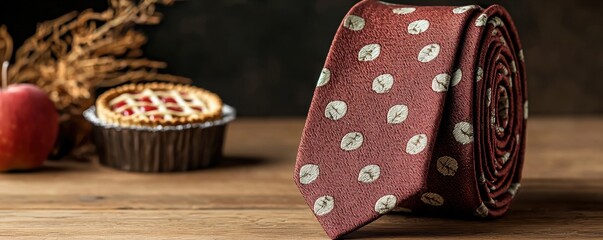 A stylish rolled tie in burgundy hues placed beside a miniature apple pie on a rustic wooden surface