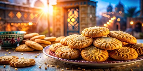 Poster - Golden Biscuits on a Plate with a Blurry Background of a Street Scene at Sunset