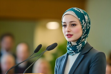 Confident young woman with headscarf speaking at a podium, vibrant blurred background and attentive audience