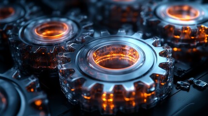 Poster - These illuminated mechanical gears are arranged together, displaying a captivating interplay of light and design in a dark industrial environment. The vibrant glow highlights their intricate details.