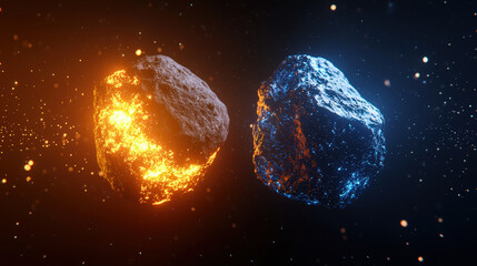 Wall Mural - dramatic scene of two colliding rocks, one glowing with fiery orange and other shimmering in icy blu