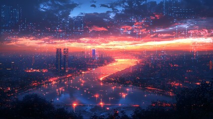 Poster - Glowing City Pathways at Dusk