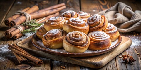 Aufkleber - Sweet Cinnamon Rolls with Powdered Sugar and Cinnamon Sticks on a Wooden Background