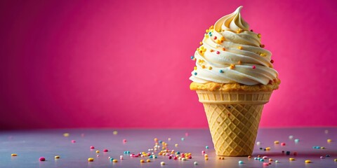 Poster - A single ice cream cone with sprinkles on a pink background, symbolizing sweet indulgence and a celebration of flavors.