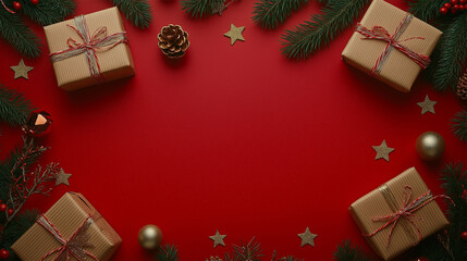 Wall Mural - gift boxes with xmas tree branches, golden stars and baubles on red background. flat lay, top view, 