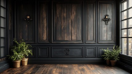 Poster - Dark woodpaneled wall background rich textures showcasing classic craftsmanship adding warmth and elegance to the space perfect for a traditional or vintageinspired setting