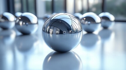 Poster - A collection of shiny metallic spheres is arranged on a sleek surface, reflecting light from large windows, creating an interesting play of reflections and shadows.