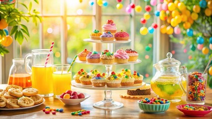 Poster - A whimsical celebration table, adorned with colorful cupcakes, candies, and beverages, radiating joy and festivity.