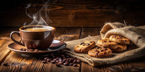 A warm cup of coffee with steam rising, sitting on a wooden table with a plate of coffee beans and a burlap sack filled with chocolate chip cookies