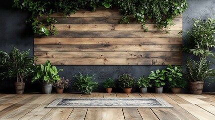 Poster - Front view of blank wall composed of rich textured wooden planks with a touch of greenery and a stylish rug creating an inviting space ideal for a captivating mockup