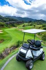 Golf cart on golf course at country club tourist resort. Healthy people golfer enjoy outdoor lifestyle leisure activity travel nature and play golf sport on summer holiday vacation.