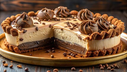 Aufkleber - A decadently layered coffee cake with a creamy chocolate center, topped with swirls of rich ganache and a sprinkle of coffee beans, invitingly awaits on a warm gold plate.