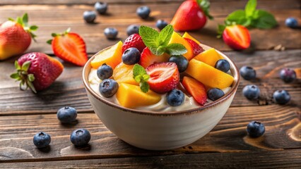 Poster - A bowl of yogurt with fresh fruit, including strawberries, blueberries, and mango slices, topped with mint, on a wooden surface