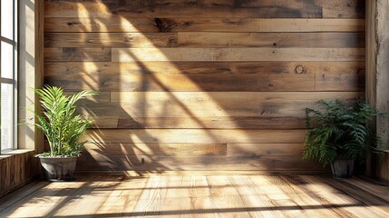 Poster - Front view of blank wall in a cozy room featuring rustic wooden planks with soft natural light filtering in through a window creating a warm atmosphere perfect for a mockup display