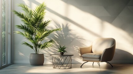 Fototapete - A modern house's relaxing area an elegant indoor plant rests on a steel coffee table next to a plush armchair all framed by an empty wall with a sophisticated white triangle pattern design
