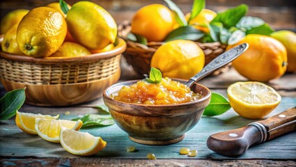Poster - Homemade Lemon Marmalade with Freshly Cut Lemons and a Mint Garnish, Ready to Spread on Toast