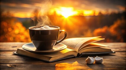 Aufkleber - A steaming cup of coffee placed atop a book with a soft, warm sunset glow in the background.