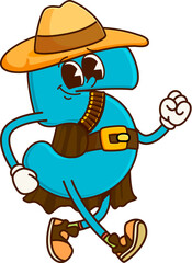 Fototapete - Cartoon groovy math number five cowboy and bandit character. Isolated vector grinning 5 personage in tilted hat, brandishes a revolver, ready for a numerical showdown in the wild equations of learning