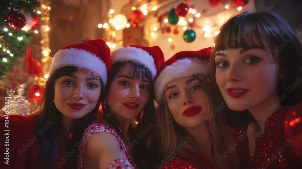 Four friends in Santa hats celebrate Christmas with joy and laughter in a festive setting filled with lights and decorations.