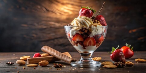 Poster - A Delightful Sundae of Vanilla Ice Cream, Strawberries, and Chocolate Sauce, Served in a Glass Bowl on a Rustic Wooden Table