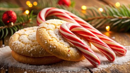 Poster - A Festive Arrangement of Sweet Treats and Festive Decorations Featuring Candy Canes and Sugar-Dusted Cookies on a Wooden Surface