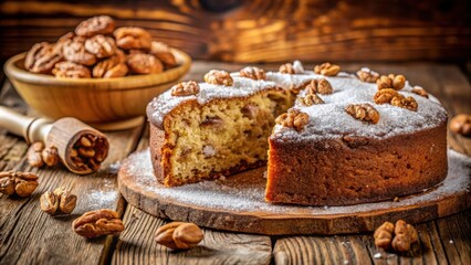 Aufkleber - A slice of homemade walnut cake dusted with powdered sugar, served on a wooden board surrounded by pecans.
