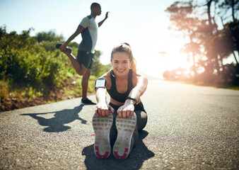 Canvas Print - Stretching, fitness and portrait of couple in street for exercise, training and warm up for workout. Health, sports and woman for wellness in road for performance, running and active in morning