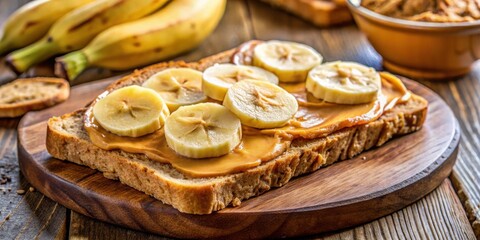Poster - Peanut butter and banana toast on wooden board with additional toast and bananas in the background