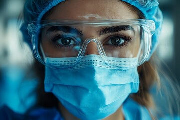 Close-up of Female Doctors Eyes in Protective Eyewear and Mask