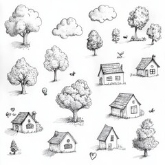 Poster - A collection of hand-drawn doodles featuring playful trees, houses, and clouds created in a lighthearted sketching style. Generative AI