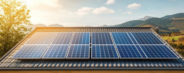 Solar panels installed on a rooftop, harnessing sunlight with a scenic background of hills and trees, symbolizing renewable energy.