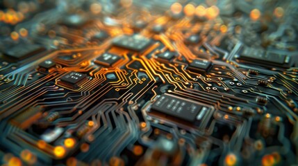 Wall Mural - A detailed view of a circuit board showcasing its intricate web of pathways that closely resemble those of a particle accelerator.