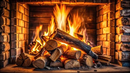 Wall Mural - Burning firewood in the fireplace with shallow depth of field