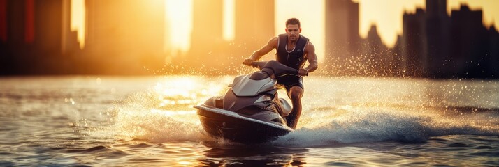 Jetski in water with background of large city skyline with skyscraper. Summer tropical sports.