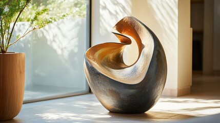 Dynamic view of large vase with spiral design natural light highlighting its curves