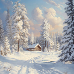 Winter landscape with snowy trees and a small cabin