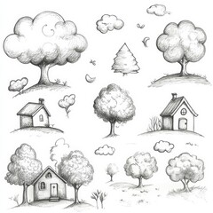 Poster - This artwork features hand-drawn doodles of clouds, trees, and houses in a playful, sketchy style, evoking a calming atmosphere. Generative AI