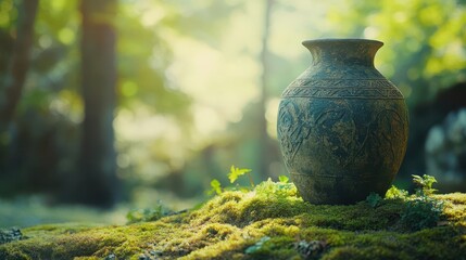 Poster - Ancient amphora with geometric motifs placed on moss and lit by natural light