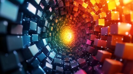 Aufkleber - A vibrant tunnel formed by swirling cubes draws the viewer into a captivating abstract representation of depth and color dynamics in digital art.