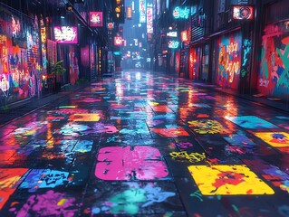 Poster - Neon Illuminated Alley with Vibrant Graffiti