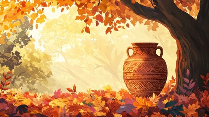 Wall Mural - Amphora on colorful autumn leaves soft sunlight enhances geometric designs