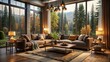 © Arnada - Cozy Living Room with Woodland View - Captivating Interior Design and Nature Harmony for Stunning Product Photography