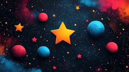 Poster - Colorful cosmic composition featuring geometric shapes and stars in a vibrant space setting
