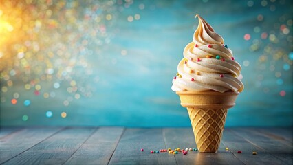 Poster - A Classic Summer Treat Soft Serve Ice Cream Cone with Sprinkles on a Wooden Surface, with a Blurred Background of Bokeh Lights